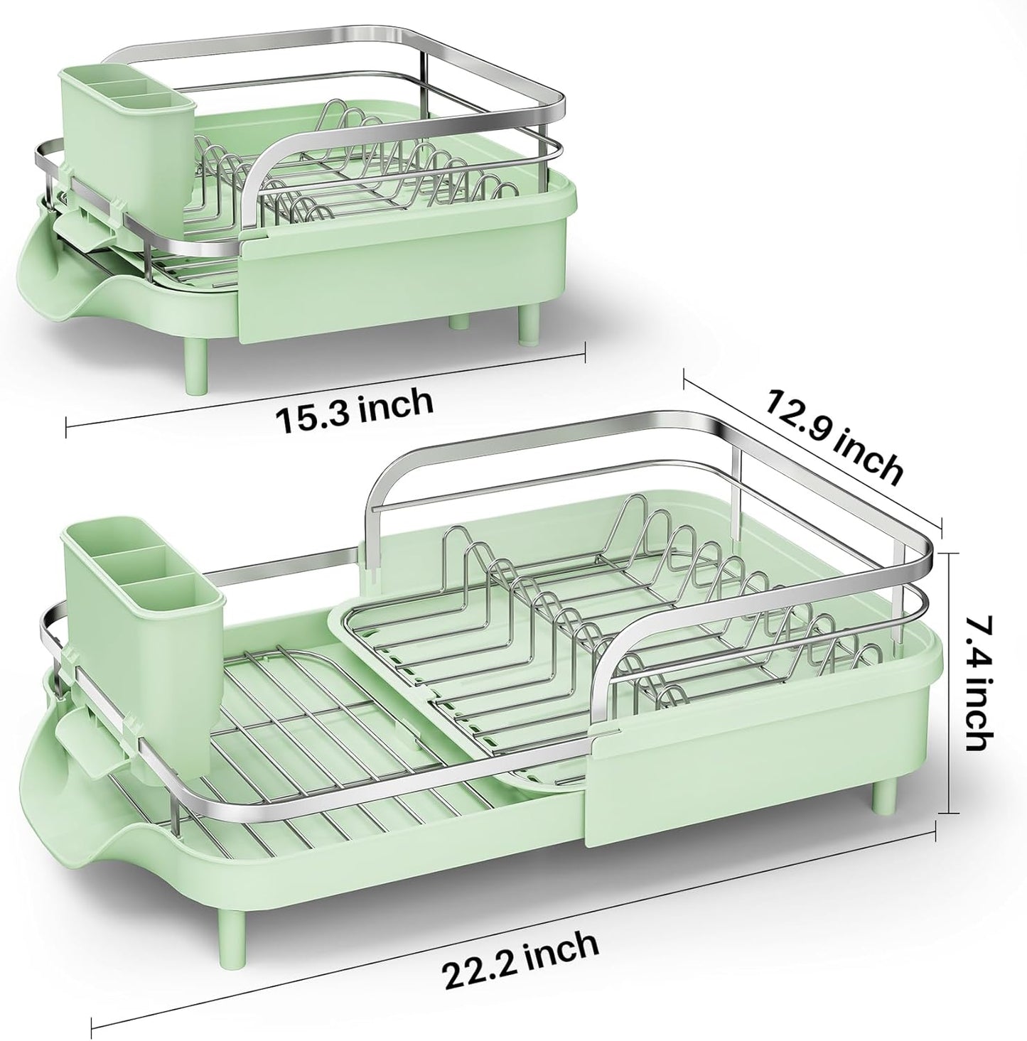 SAYZH Dish Drying Rack - Expandable Dish Rack for Kitchen Counter, Rust-Resistant Dish Drainer with Utensil Holder and Raised Guardrail, Kitchen Organizer for Cup and Bottle (Black)