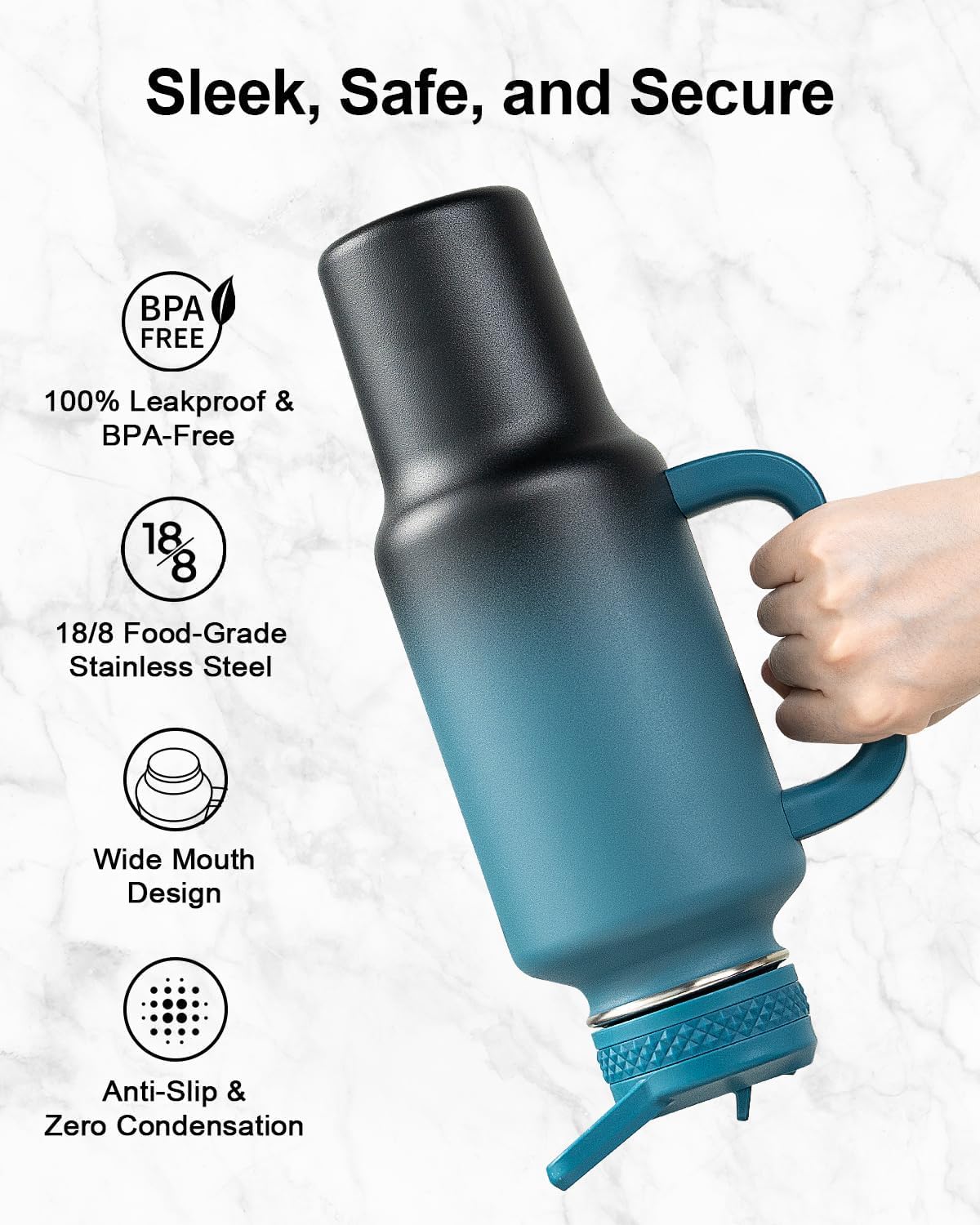 Trebo 40 oz Water Bottle Insulated Fit Car Cup Holder with Handle, Stainless Steel Water Bottles Tumbler with Spout Straw Lids, Double Wall Travel Reusable Flask, Leakproof Mug,Keep Cold &Hot,Black