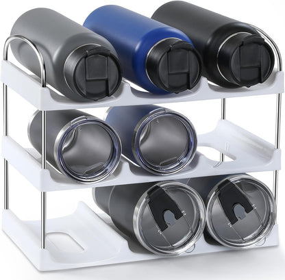 LARGER Compartment - 3 Tier Stackable Water Bottle Organizer Holder - for Stanley 40oz & Others' Large Tumbler - Clear Wine Rack, 12 Cup Bottle Holder for Cabinet Home Countertop Fridge Pantry Shelf