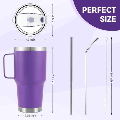 30 oz Tumbler With Handle, Double Wall Stainless Steel Vacuum Insulated Travel Mug with Splash-Proof Lid Metal Straw and Brush (Cream)
