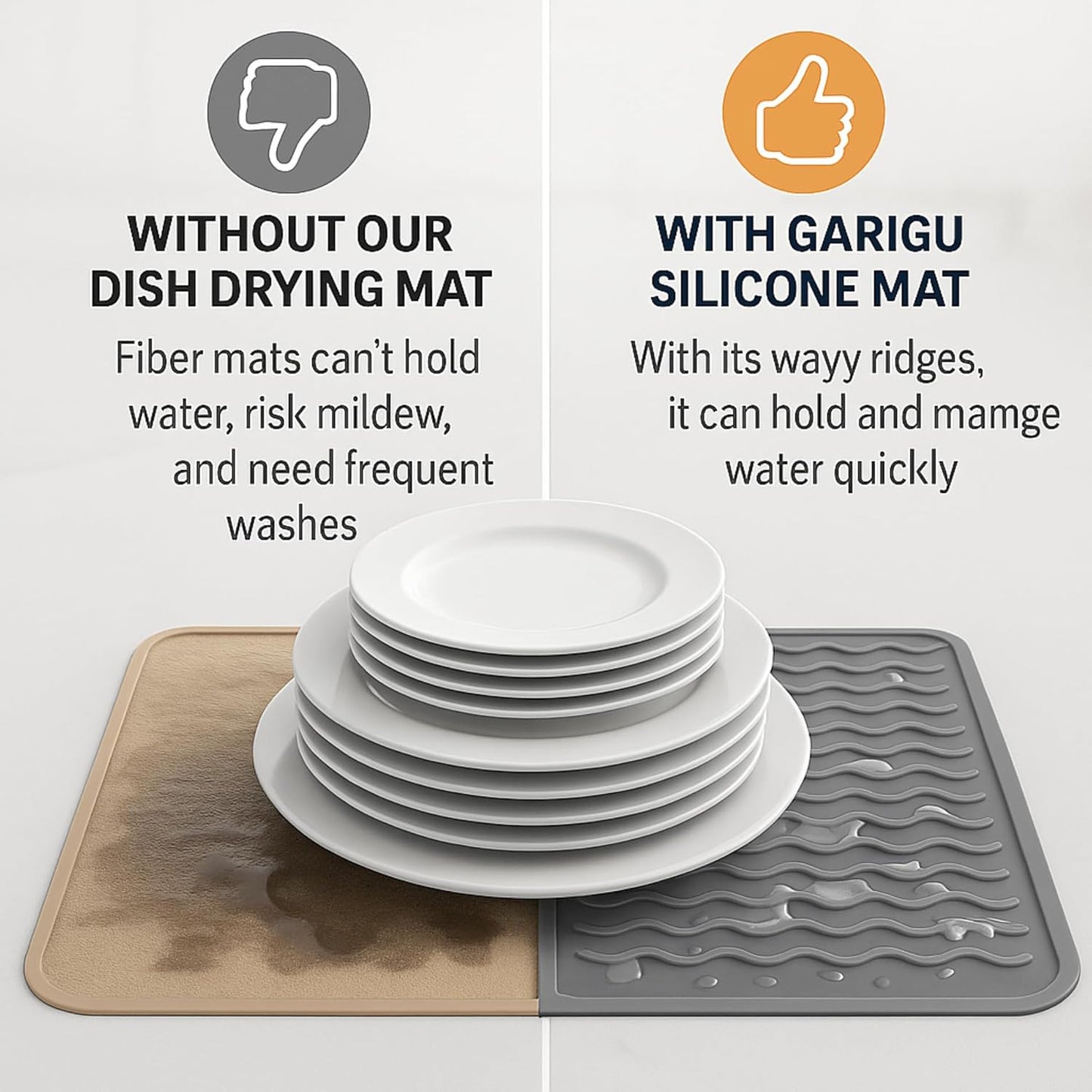 Silicone Drying Mat 16 × 12 – Gray Non-Slip Sink Mat for Kitchen Counter, Heat-Resistant Food-Grade Dish Pad, Easy-Clean Multipurpose Drawer Liner (Gray, 16'' x 12'')
