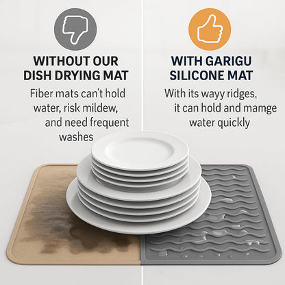 Silicone Drying Mat 16 × 12 – Gray Non-Slip Sink Mat for Kitchen Counter, Heat-Resistant Food-Grade Dish Pad, Easy-Clean Multipurpose Drawer Liner (Gray, 16'' x 12'')
