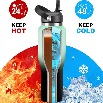HYDROWION 32oz Stainless Steel Water Bottle(Cold for 48 Hrs, Hot for 24 Hrs),Double Wall Vacuum Insulated Water Bottle with Straw Lid, Spout Lid and Flex Cap, Fit in Any Car Cup Holder,Black