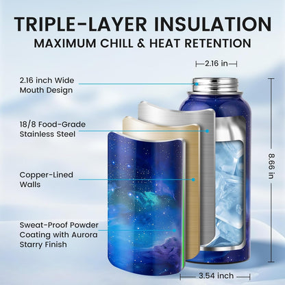 RAYMYLO One Gallon Water Bottle Insulated, Triple Walled Vacuum Stainless Steel (Cold for 48 Hrs), Leak Proof & Non-BPA, Large Water Flask Jug with Paracord Handle & Straw Spout Lids