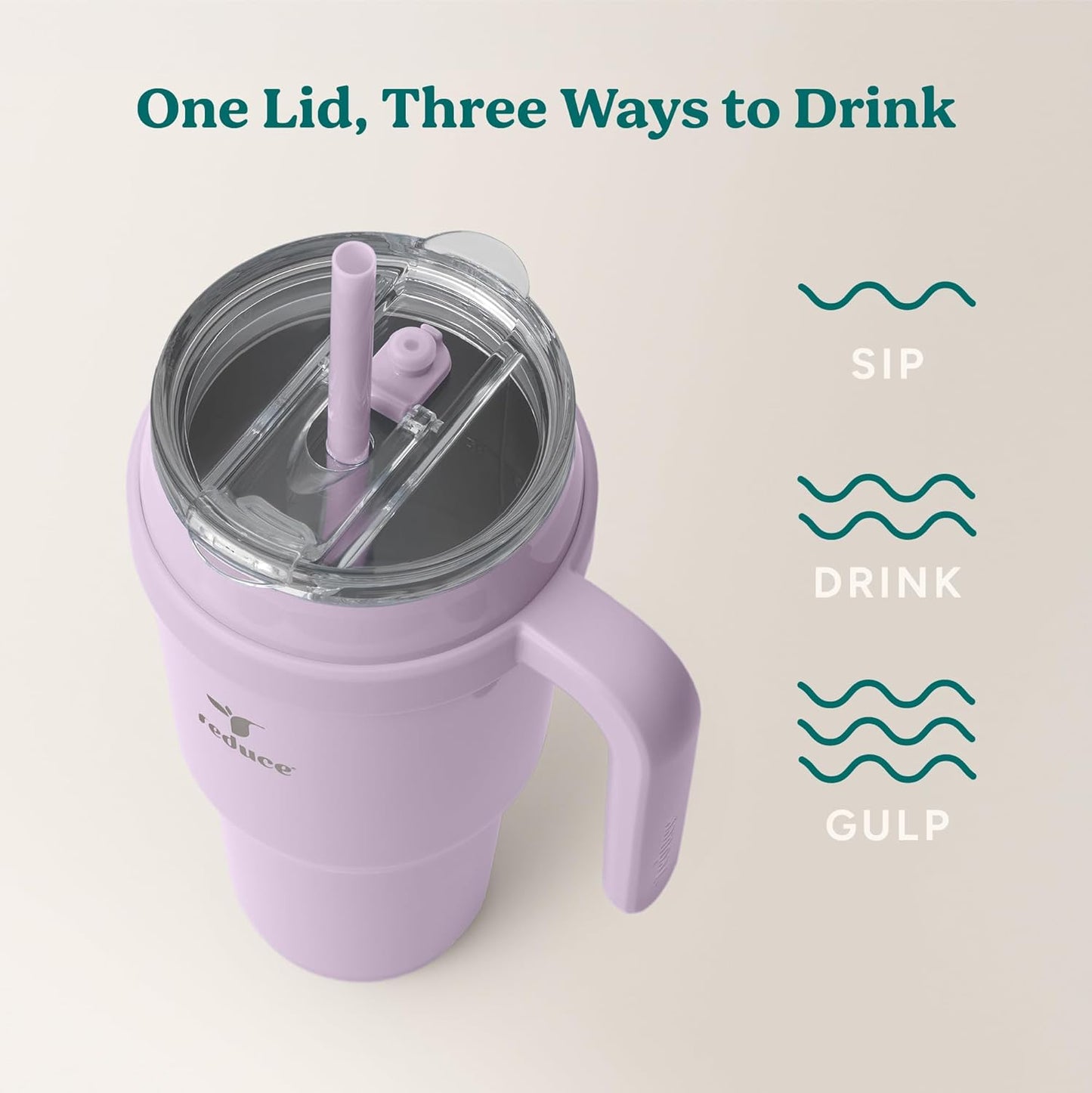 REDUCE 24 oz Stainless Steel Tumbler with Handle - Dual-Wall Vacuum Insulated Travel Mug, Sweat-Proof Lid & Reusable Straw - Keeps Drinks Cold for 24 Hrs, Fits Cupholders, Dishwasher Safe - Lilac Bud