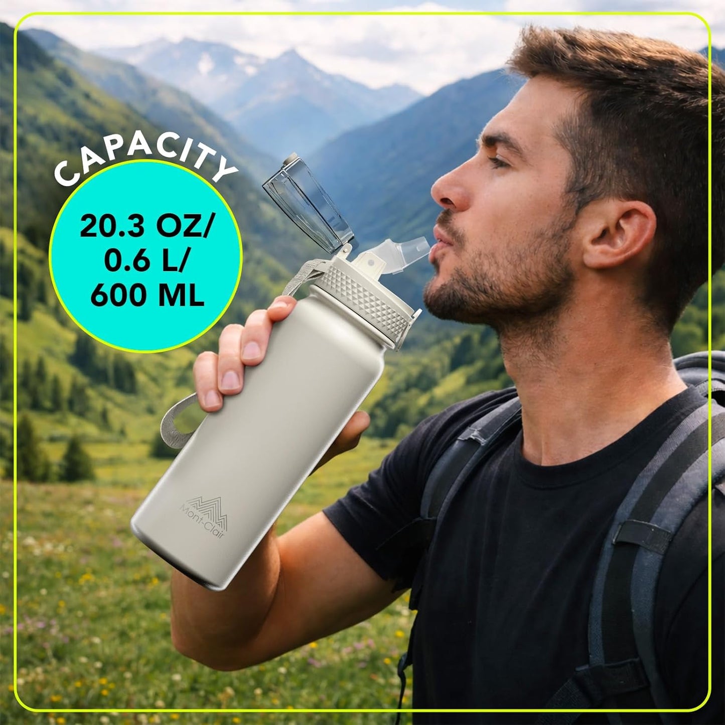Mont-Clair Sport Water Bottle - 20oz Insulated Water Bottle with Straw - Patented Lid, BPA FREE, For Sports, Gym, Cycling, Bike - Quick Hydration - Black