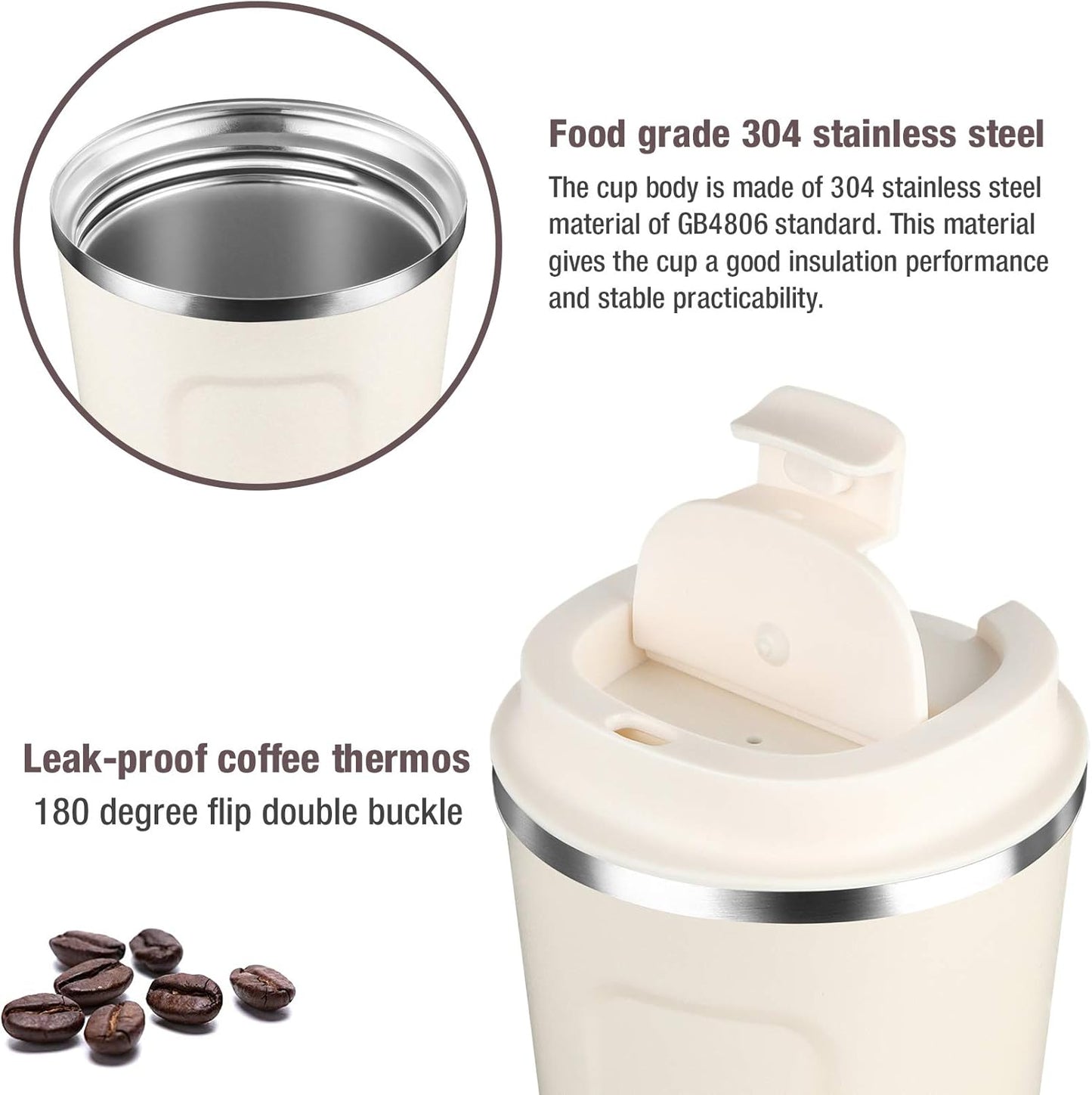 17oz (510ml) Vacuum Insulated Coffee Travel Mug, Leak proof Double Wall Stainless Steel Reusable Cup with Lid, Thermal Tumbler for Hot and Cold Drinks, Matte Texture White