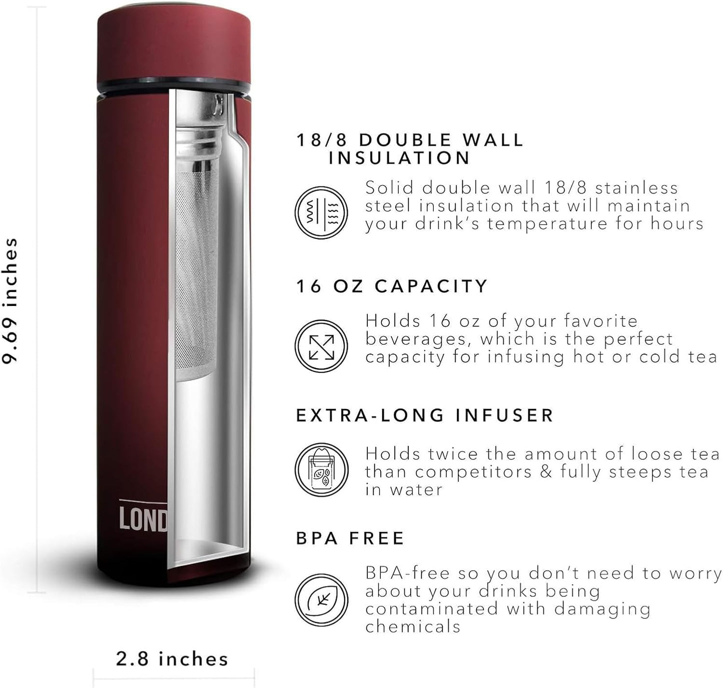 The London Sip Multi-Purpose Travel Mug and Tumbler Fruit Infused Flask Hot and Cold Double Wall Stainless Steel Thermos with Extra-Long Infuser, Purple