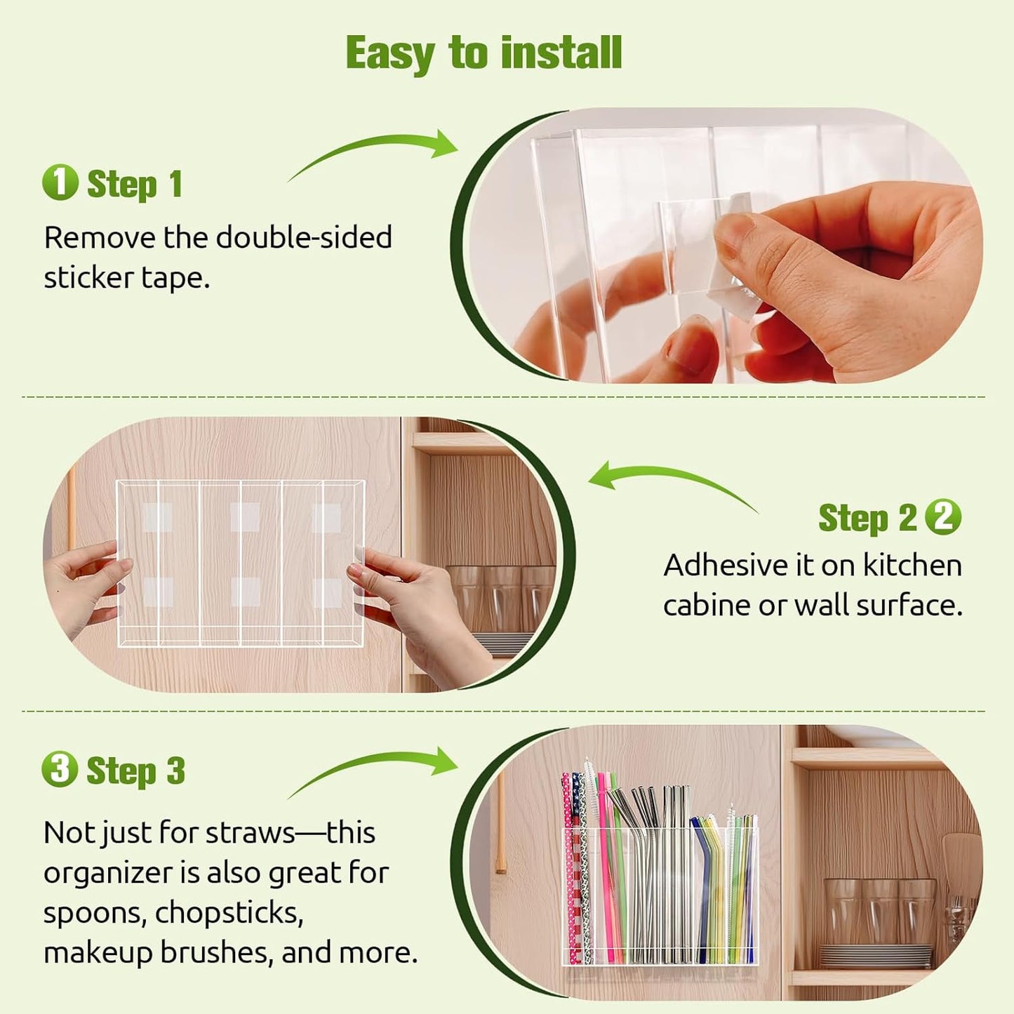 9.6” Large Acrylic Straw Holder for Cabinet Door - 6 compartments, easy to clean, Reusable Tumbler Straw Organizer Storage, Small Kitchen Accessories Container, Ultra Sticky Cupboard Door Mounted