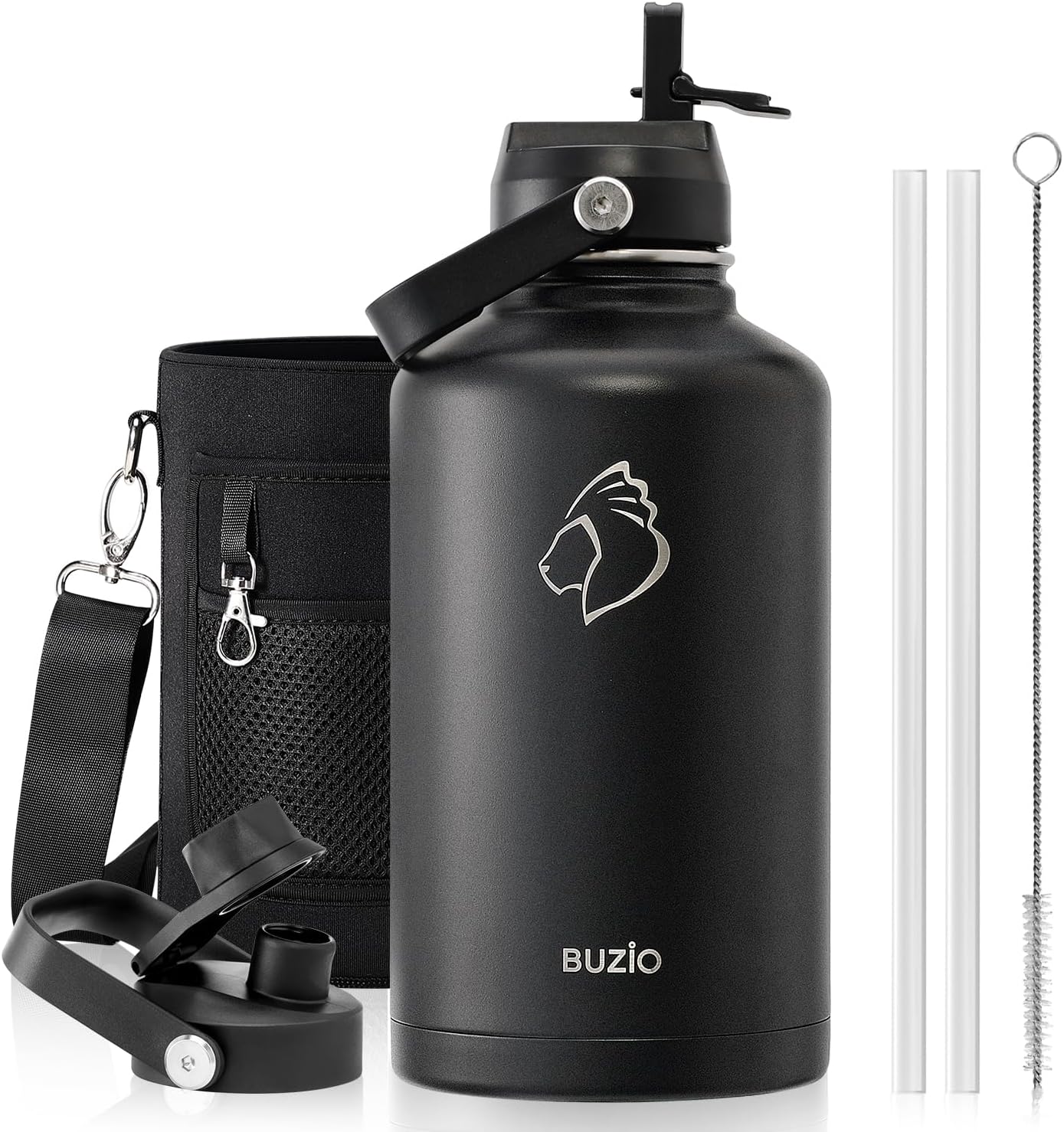 BUZIO 40oz Insulated Water Bottle, Triple Wall Vacuum Stainless Steel Water Flask with 2 lids, Lead-Free BPA-Free Straw Lid Sports Canteen Jug, Cold 48H & Hot 24H- Black - Colors A