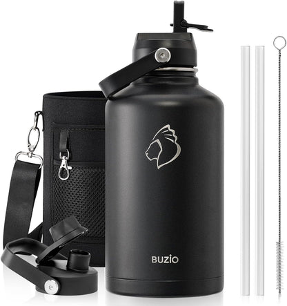 BUZIO 40oz Insulated Water Bottle, Triple Wall Vacuum Stainless Steel Water Flask with 2 lids, Lead-Free BPA-Free Straw Lid Sports Canteen Jug, Cold 48H & Hot 24H- Black - Colors A
