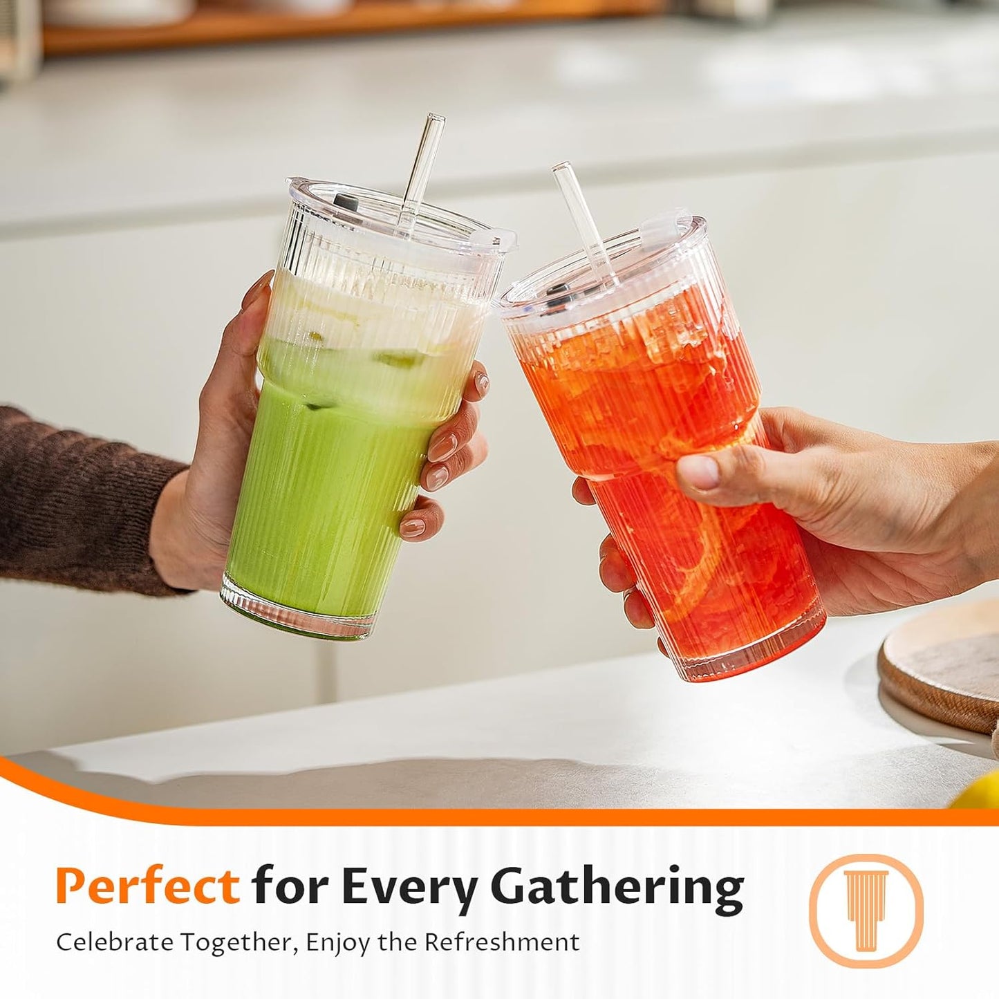 Glass Cups with Lids and Straws 4 Pack, 20oz Ribbed Glass Cups, Leak Resistant Iced Coffee Tumblers, Thick Reusable Drinking Glasses, Fits Car Cup Holder, Clear Coffee Bar Accessories