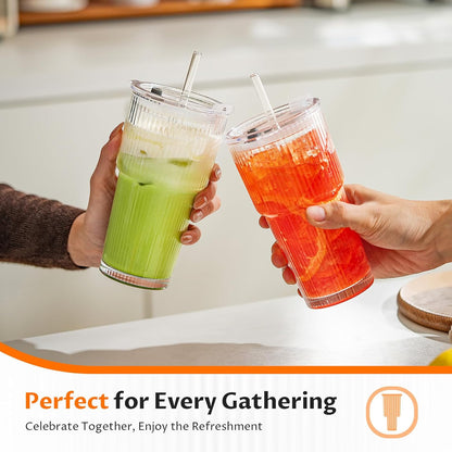 Glass Cups with Lids and Straws 4 Pack, 20oz Ribbed Glass Cups, Leak Resistant Iced Coffee Tumblers, Thick Reusable Drinking Glasses, Fits Car Cup Holder, Clear Coffee Bar Accessories