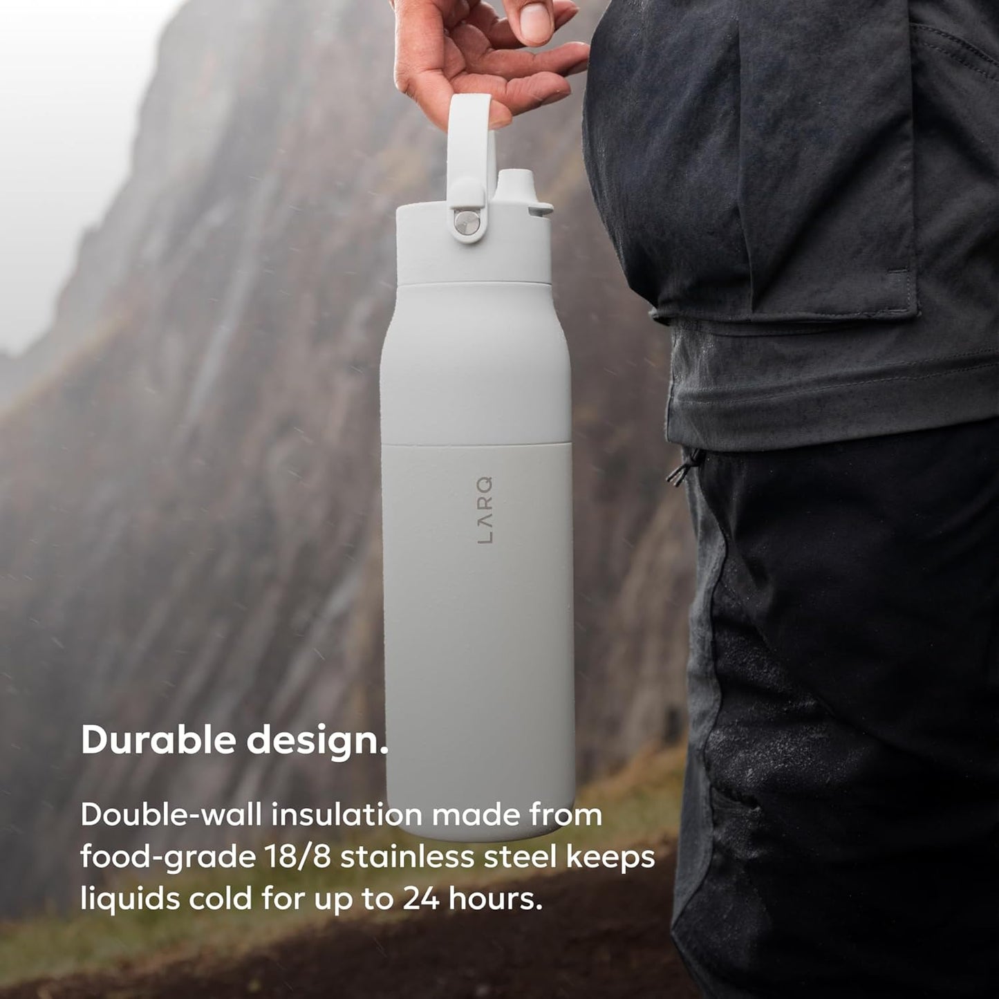 LARQ Swig Top — Insulated Stainless Steel Water Bottle with Straw, Detachable Silicone Handle, Vacuum 24h Cold, BPA-Free Metal Bottle for Gym, Travel, Office, Wide Mouth for Ice — 23 oz, Mojave Dune