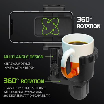 Cellet Cup Holder Tray for Car with Phone Mount – Expandable Base, 360° Rotation Food & Drink Tray with Non-Slip Surface, Adjustable Arm for Eating in Vehicle – Fits Most Standard Car Cup Holders
