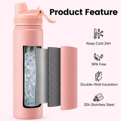 Fijinhom 18 oz Insulated Water Bottle, 2-in-1 Straw and Spout Lid Stainless Steel Thermos, Leak-Proof, Double Wall Vacuum Flask, Keep Cold 24H for Outdoor, Sports, Travel, School (Black)