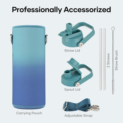 BUZIO 40oz Insulated Water Bottle, Triple Wall Vacuum Stainless Steel Water Flask with 2 lids, Lead-Free BPA-Free Straw Lid Sports Canteen Jug, Cold 48H & Hot 24H- Black - Colors B