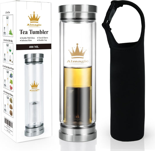 Tea Infuser Bottle for Loose Leaf Teas, 400 ml / 13.5 fl oz Double Wall Glass Tea Bottle with Infuser, Insulated Tea Tumbler with Infuser, Leak Proof Water Bottle with Protective Travel Sleeve