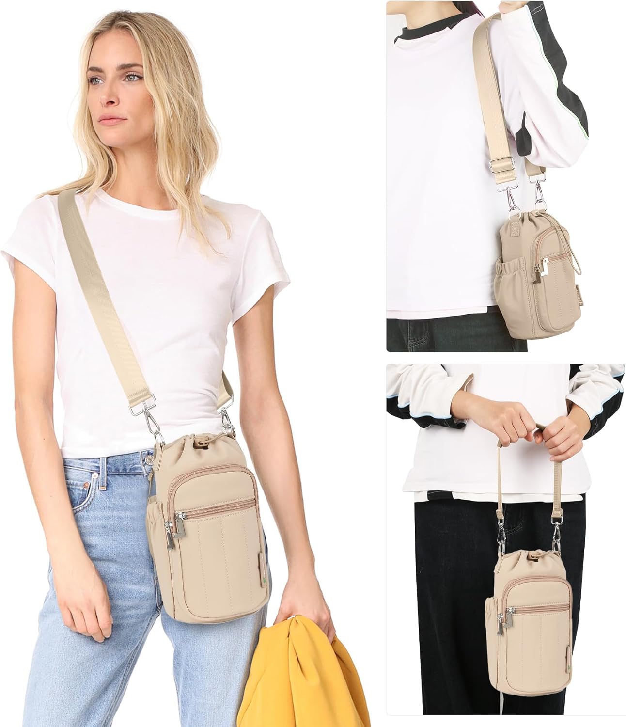 Rueesh Water Bottle Holder Bag with Adjustable Strap, Insulated Bottle Carrier Bag RFID Crossbody Sling Bag for Gym Walking