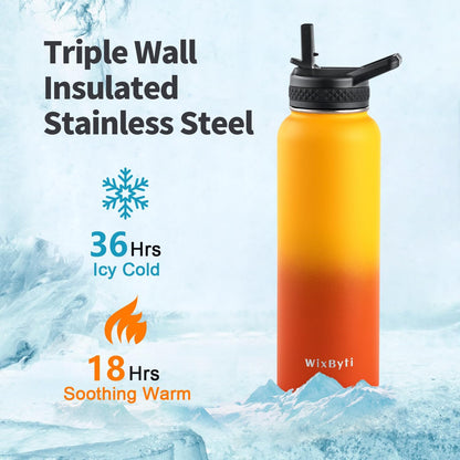 WixByti 40 oz Insulated Water Bottle with Straw (Cold for 36 Hrs), Stainless Steel Triple Wall Vacuum Sports Water Jug, Leakproof Hydro Cup Flask with Paracord Handle & Straw Spout Lids & DIY Stickers