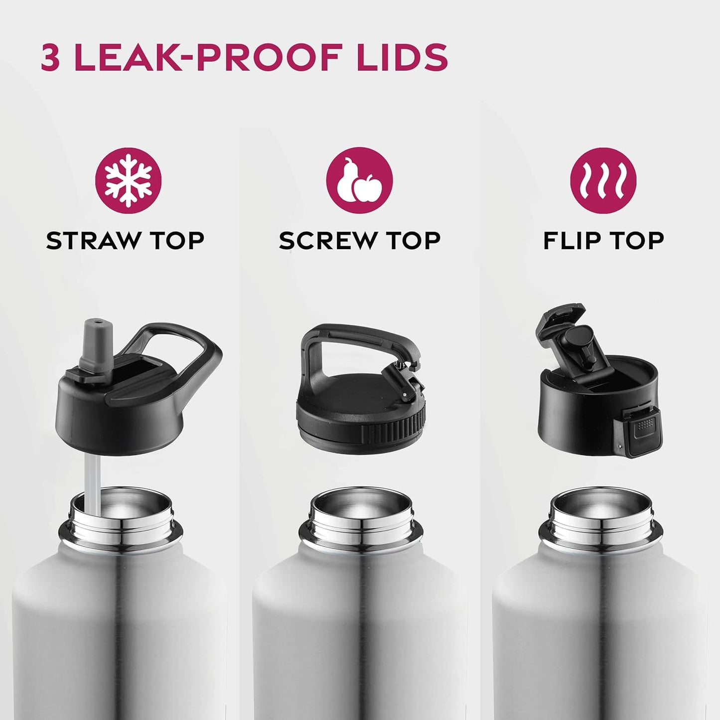 FineDine Water Bottle - Stainless Steel Insulated Water Bottle with Straw Lid, Flip Lid & Wide-Mouth Cap - Keeps Hot and Cold - 25 Oz / 739ml - Dreamy Purple