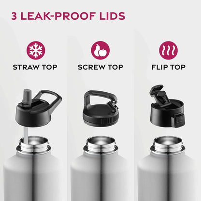 FineDine Water Bottle - Stainless Steel Insulated Water Bottle with Straw Lid, Flip Lid & Wide-Mouth Cap - Keeps Hot and Cold - 25 Oz / 739ml - Dreamy Purple