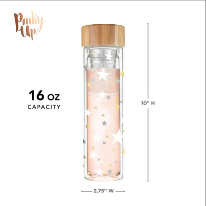 Pinky Up Blair Travel Tea Infuser Mug, Double Walled Insulated Travel Tumbler with Loose Leaf Tea Strainer, Travel Coffee Mug, Keeps Drinks Hot or Cold, 16 oz, White Leaf