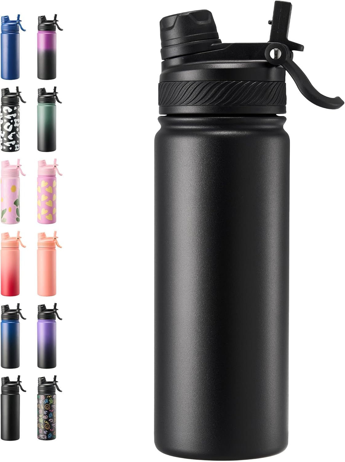 Fijinhom 18 oz Insulated Water Bottle, 2-in-1 Straw and Spout Lid Stainless Steel Thermos, Leak-Proof, Double Wall Vacuum Flask, Keep Cold 24H for Outdoor, Sports, Travel, School (Black)