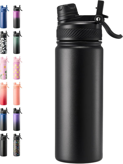 Fijinhom 18 oz Insulated Water Bottle, 2-in-1 Straw and Spout Lid Stainless Steel Thermos, Leak-Proof, Double Wall Vacuum Flask, Keep Cold 24H for Outdoor, Sports, Travel, School (Black)