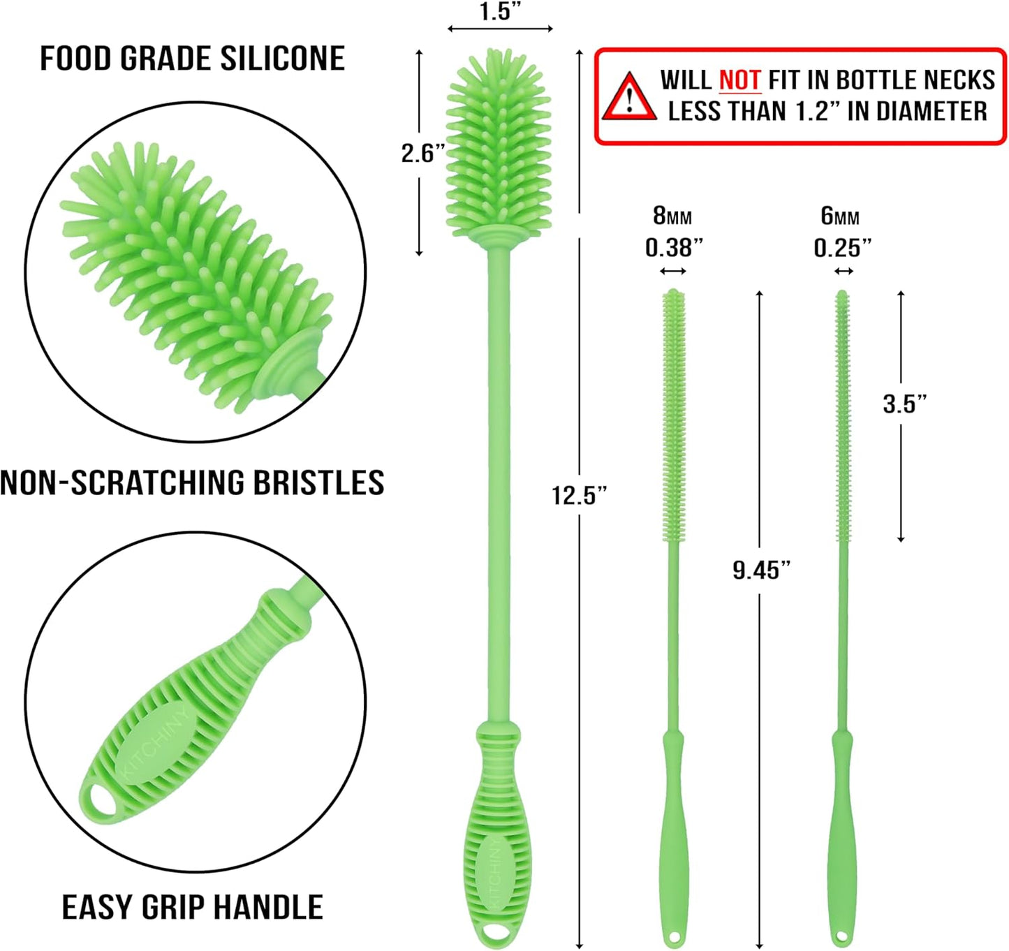 Kitchiny Silicone Bottle Brush with 2 Straw Cleaners - 12.5” Water Bottle Cleaner Brush for Yeti, Hydro Flask, Owala, Stanley, Baby Bottles, Glassware, Vases & Narrow Neck Containers - Orange