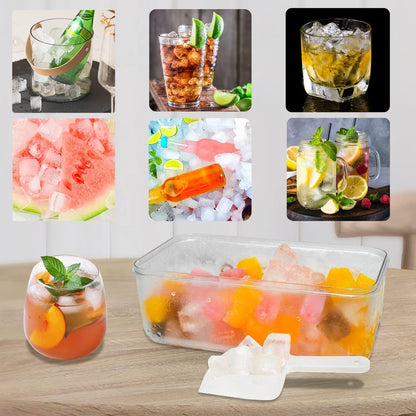 Ice Trays for Freezer with Lid & Bin, Ice Cube Tray Making 64 pcs Ice Cubes, Easy Press to Release Ice, Ice Tray with Storage Bin Chilling Cocktail Whiskey Coffee 2 Trays 1 Ice Bucket & Scoop (Black)