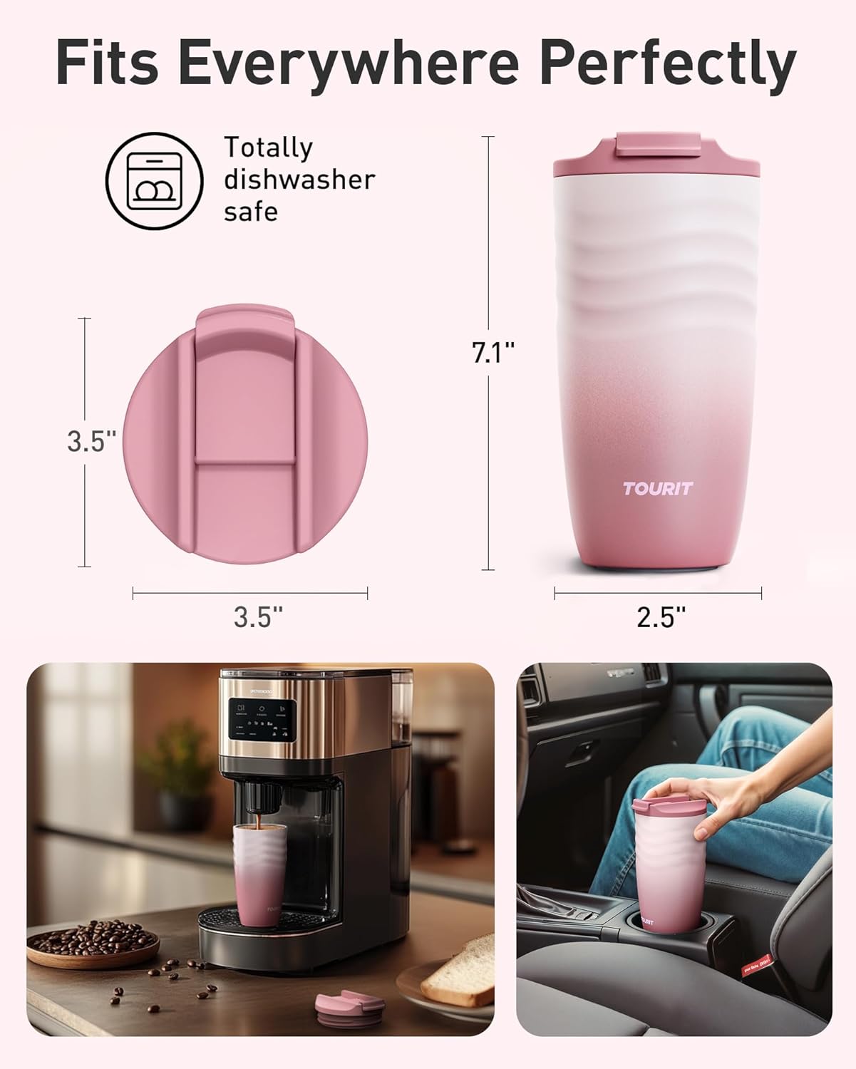TOURIT 16 oz Travel Coffee Mug, Vacuum Insulated Stainless Steel Tumbler with Ripple-Wave Anti-Slip Grip, Built-in Silicone Bottom for Quiet & Stable, Leak-Proof Lid, Fits Car Cup Holder, Khaki