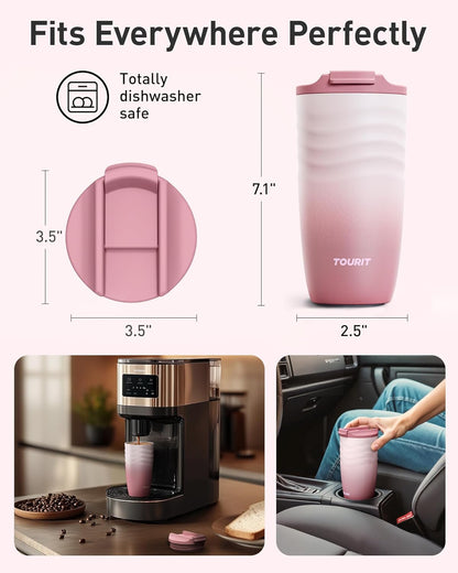 TOURIT 16 oz Travel Coffee Mug, Vacuum Insulated Stainless Steel Tumbler with Ripple-Wave Anti-Slip Grip, Built-in Silicone Bottom for Quiet & Stable, Leak-Proof Lid, Fits Car Cup Holder, Khaki