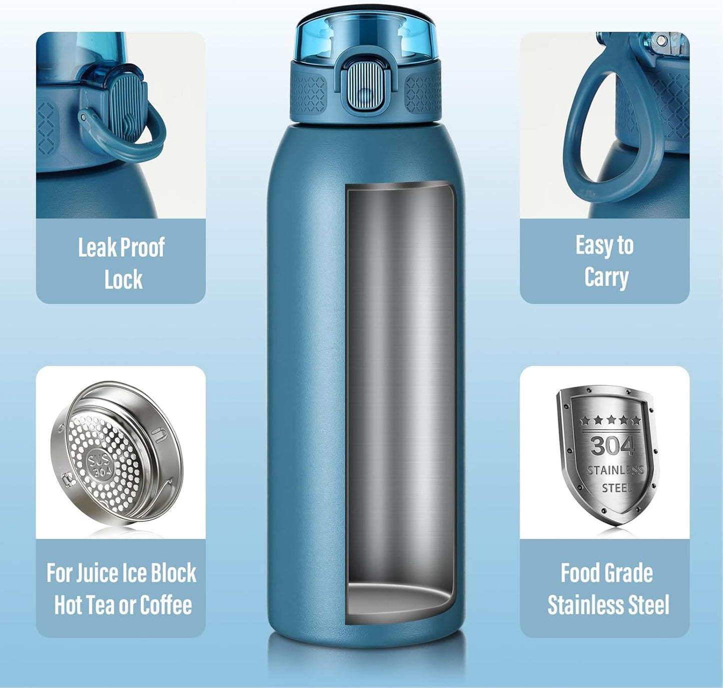 Insulated Water Bottle 24 oz with Dustproof Lid, Carry Handle & Tea Infuser, BPA-Free & Leakproof, Stainless Steel Water Bottles Ideal for Fitness, Hiking, Office & Outdoor Use (Black)