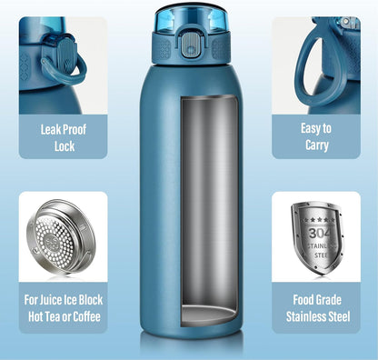 Insulated Water Bottle 24 oz with Dustproof Lid, Carry Handle & Tea Infuser, BPA-Free & Leakproof, Stainless Steel Water Bottles Ideal for Fitness, Hiking, Office & Outdoor Use (Black)