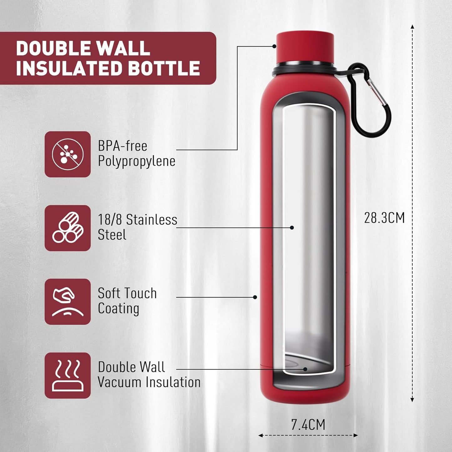 Exllena Slim Insulated Water Bottles for Travel 18oz with Clip, Double Wall Vacuum Stainless Steel Water Bottle Keeps Drinks Cold 24 Hrs/Hot 12 Hrs, 100% Leakproof, BPA Free(Black)