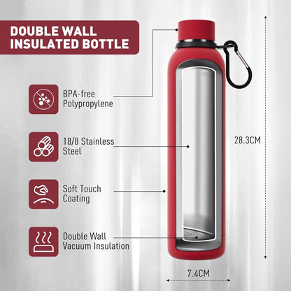 Exllena Slim Insulated Water Bottles for Travel 18oz with Clip, Double Wall Vacuum Stainless Steel Water Bottle Keeps Drinks Cold 24 Hrs/Hot 12 Hrs, 100% Leakproof, BPA Free(Black)