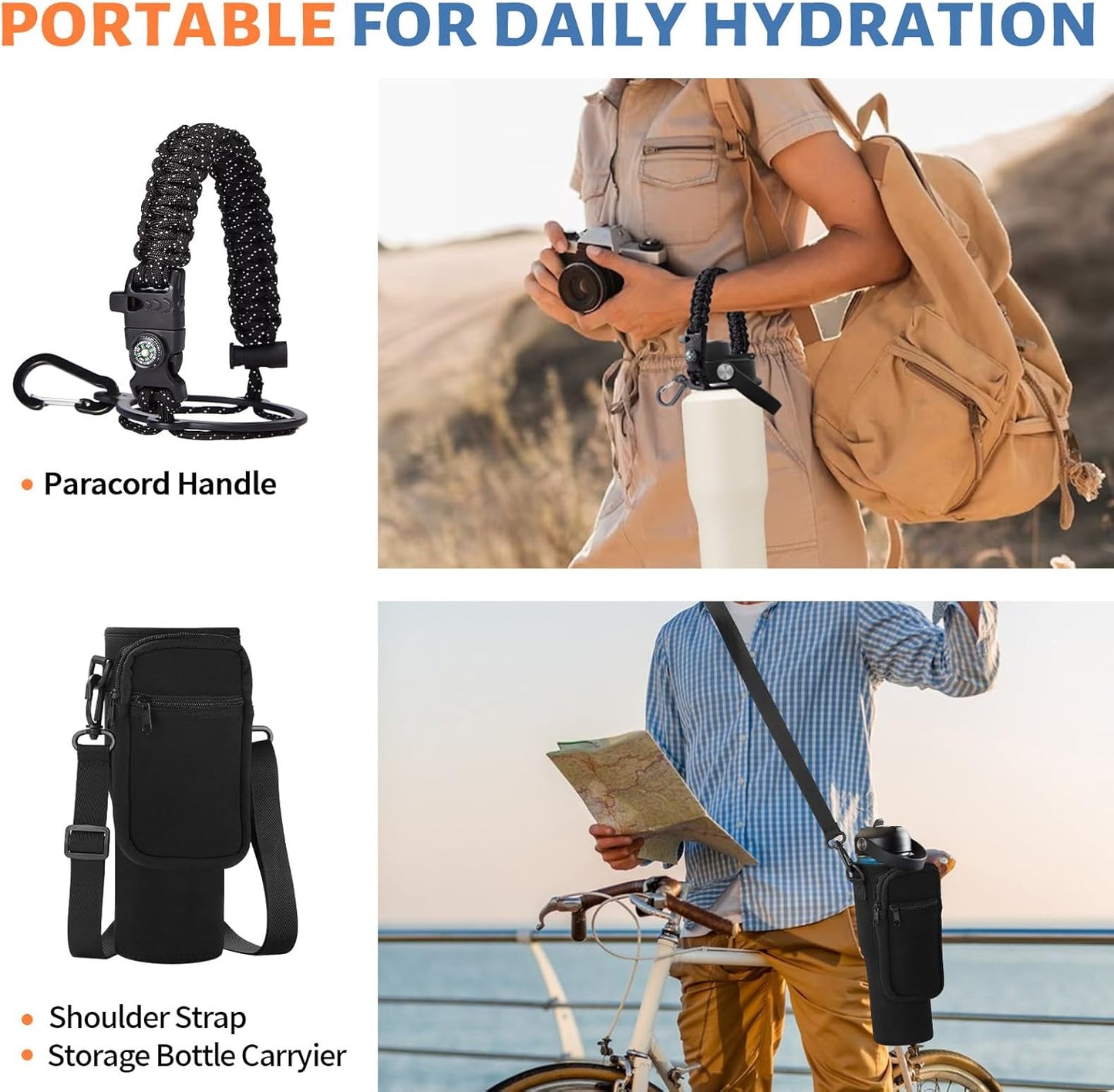 Insulated Water Bottle 40 oz - Fits in any Car Cup Holder, Keep Cold 48H Hot 24H, Stainless Steel Waterbottle Double Wall Flask with Straw, Pop-up Spout Lid, Paracord Handle, Carrier Bag