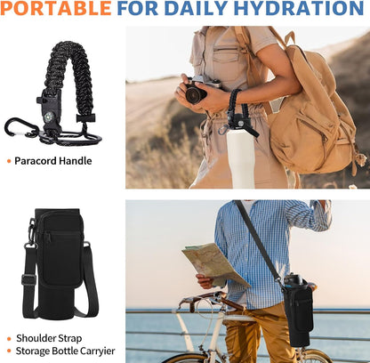 Insulated Water Bottle 40 oz - Fits in any Car Cup Holder, Keep Cold 48H Hot 24H, Stainless Steel Waterbottle Double Wall Flask with Straw, Pop-up Spout Lid, Paracord Handle, Carrier Bag