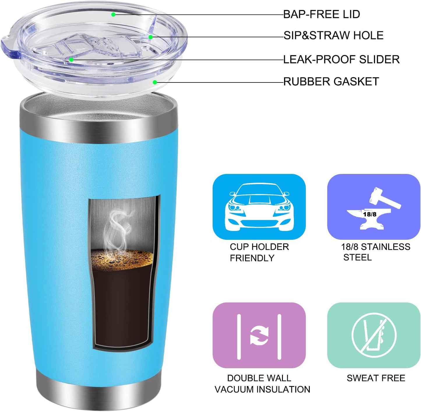 VEGOND 20oz Tumbler with Lid and Straw Stainless Steel Tumbler Cup Bulk Vacuum Insulated Double Wall Travel Coffee Mug Powder Coated Coffee Cup, Black, 12 Pack