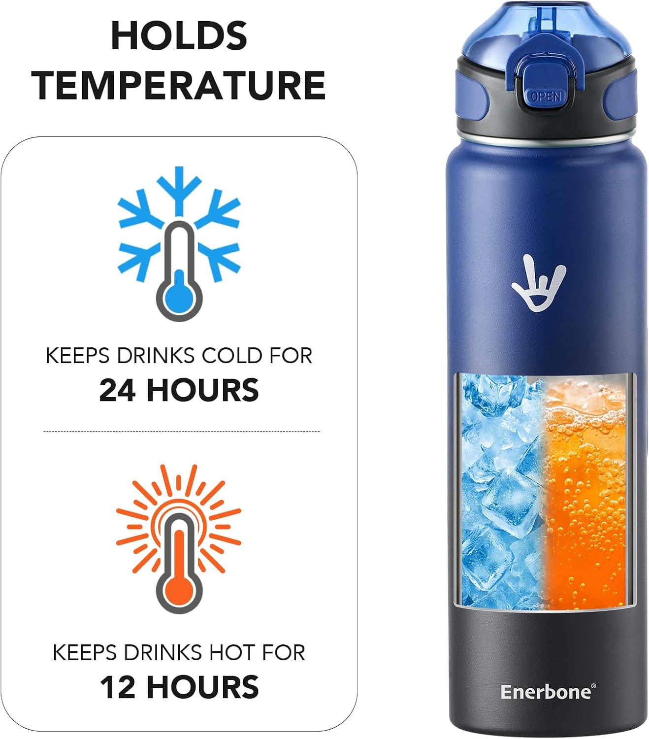 Enerbone 24 oz Insulated Water Bottle, Stainless Steel Bottle with Carrying Strap, Double-Wall Vacuum Insulation Design, Leakproof Sports Bottle with Straw, Keep Drinks Cold or Hot for Hours