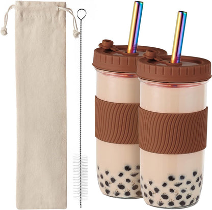 Amyoole 2 Pack Reusable Boba Cup, 24Oz Wide Mouth Smoothie Cup,mason Jar Glass Cups with Lids and Straws,Bubble/Boba Tea Cups,Ice Coffee Tumbler 2 colored straws 1 sponge brush(Pink)