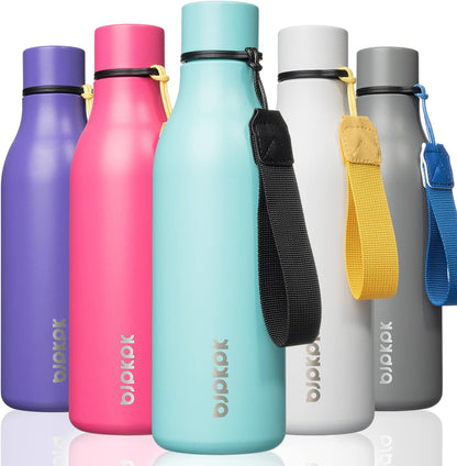 BJPKPK Insulated Water Bottles, 18 oz Stainless Steel Metal Water Bottle with Strap, BPA Free Leak Proof Jugs, Mugs, Flasks, Reusable Thermal Flasks for Sports & Travel, Black - Colors A