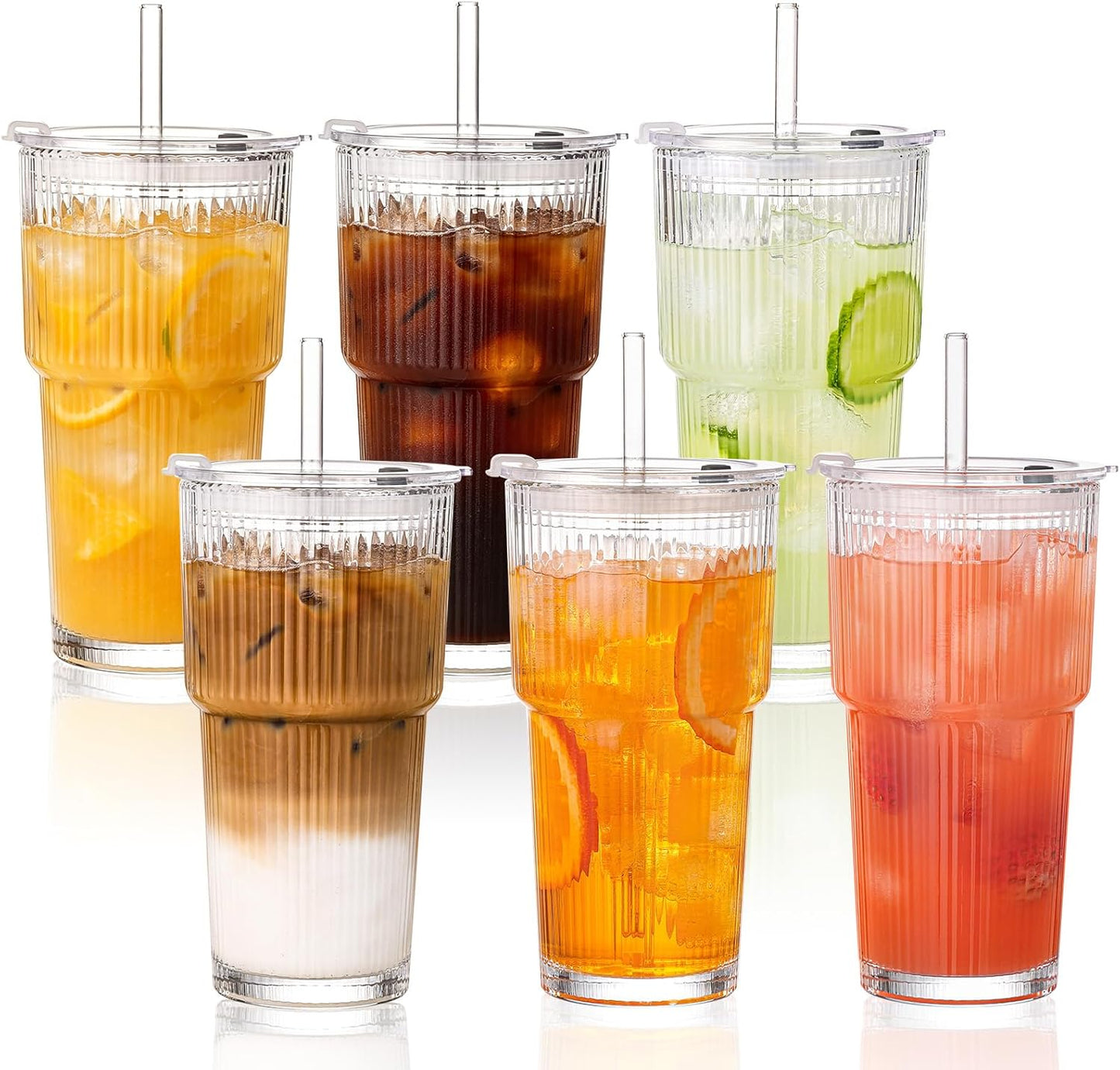 GOSCHE 20oz Ribbed Glass Tumbler with Straw and Lid, Clear Iced Coffee Cups Vintage Glassware, Glass Cups with Lids and Straws for Smoothie Water Tea Juice, Clear, 2 Pack