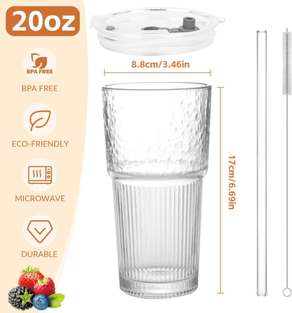 20oz Glass Tumblers with Lids and Straws,2PCS Glass Cups with Lids and Straws,Iced Coffee Cups with Lid,Drinking Glasses for Juice, Smoothies