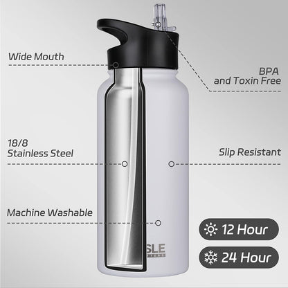 HASLE OUTFITTERS 32 oz Insulated Water Bottle Stainless Steel Double Walled Vacuum Sports Water Bottle with 2 Lids (Straw and Spout Lid) for Gym Camping Hiking(Black,1)