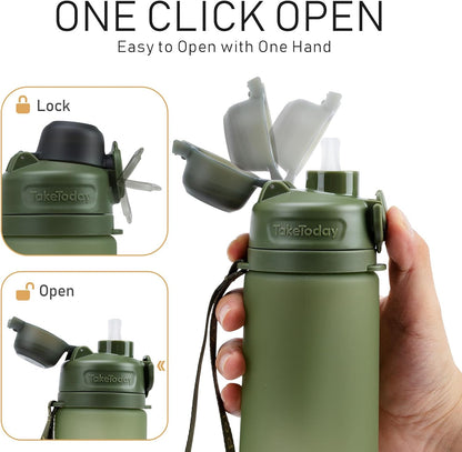 TakeToday Collapsible Water Bottles 21oz (600mL), Foldable Platinum Silicone Travel Water Bottle with Straw & Carry Strap, Leak-Resistant Screw Lid, Wide Mouth, BPA-Free for Hiking, Camping, Travel