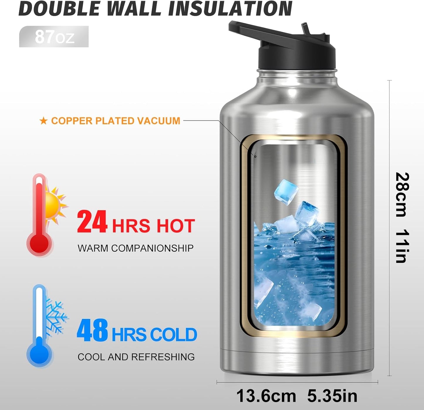 40oz Insulated Water Bottle (Cold for 48 Hrs),BPA Free&Leak Proof,Stainless Steel Water Flask,Water Jug with Straw Spout Lids for Gym,Hiking,Travel,Black Blue