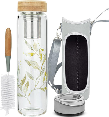 32oz Borosilicate Glass Water Bottle with Tea Infuser, Tea Tumbler with Strainer, Reusable Travel Mug with Sleeve & 2 Lids, Glass Drinking Bottle for Hot or Cold Drinks