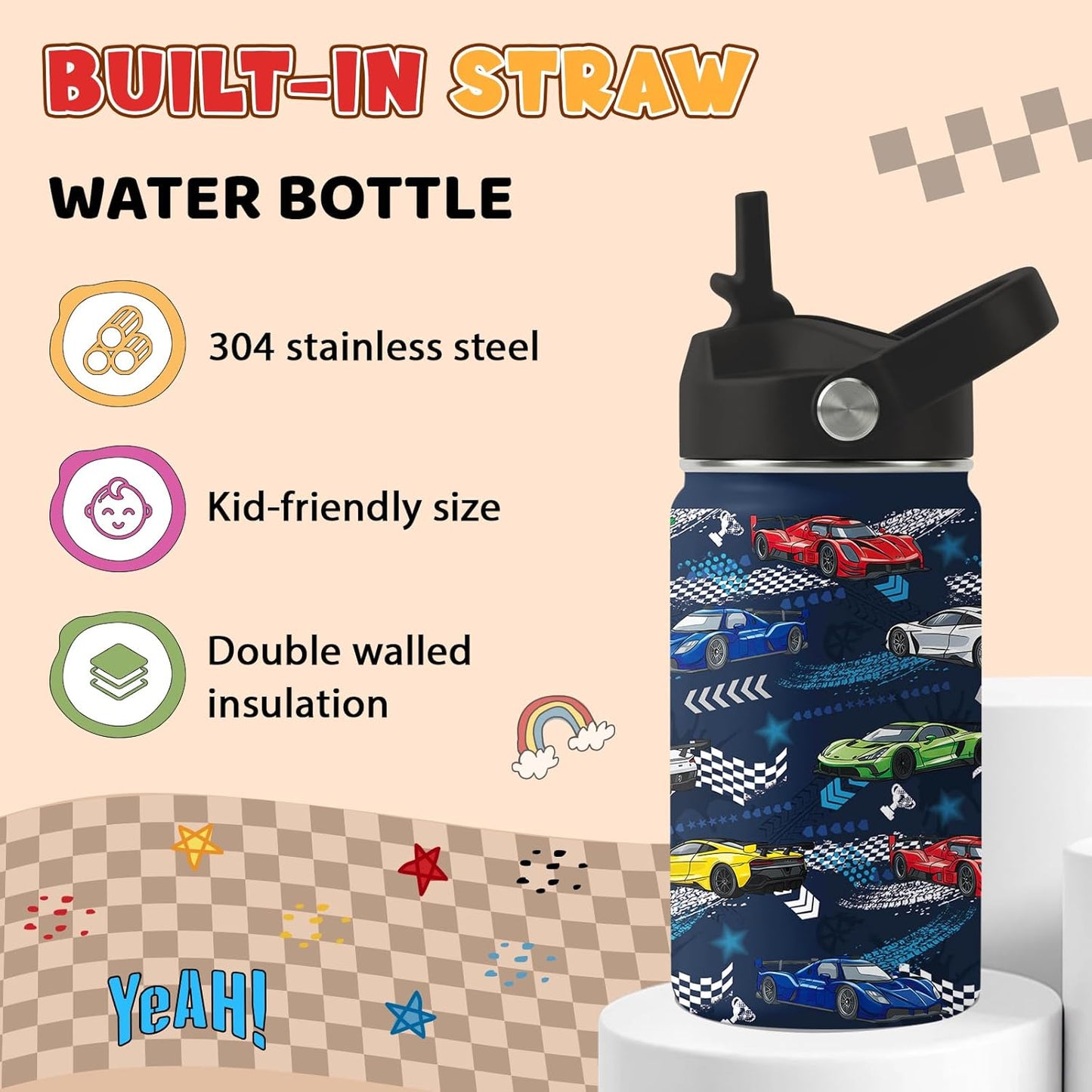 Strawberry Gifts for Kids - 16oz Pink Kids Water Bottle with Straw Lid, Stainless Steel Insulated Water Bottle, Leakproof, BPA-Free, for Girls, School, Strawberry Lover Children Birthday Gift Cup(1pc)